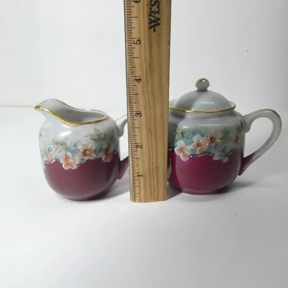 Creamer & Sugar Bowl Vintage Porcelain Floral Handpainted Signed Occupied Japan